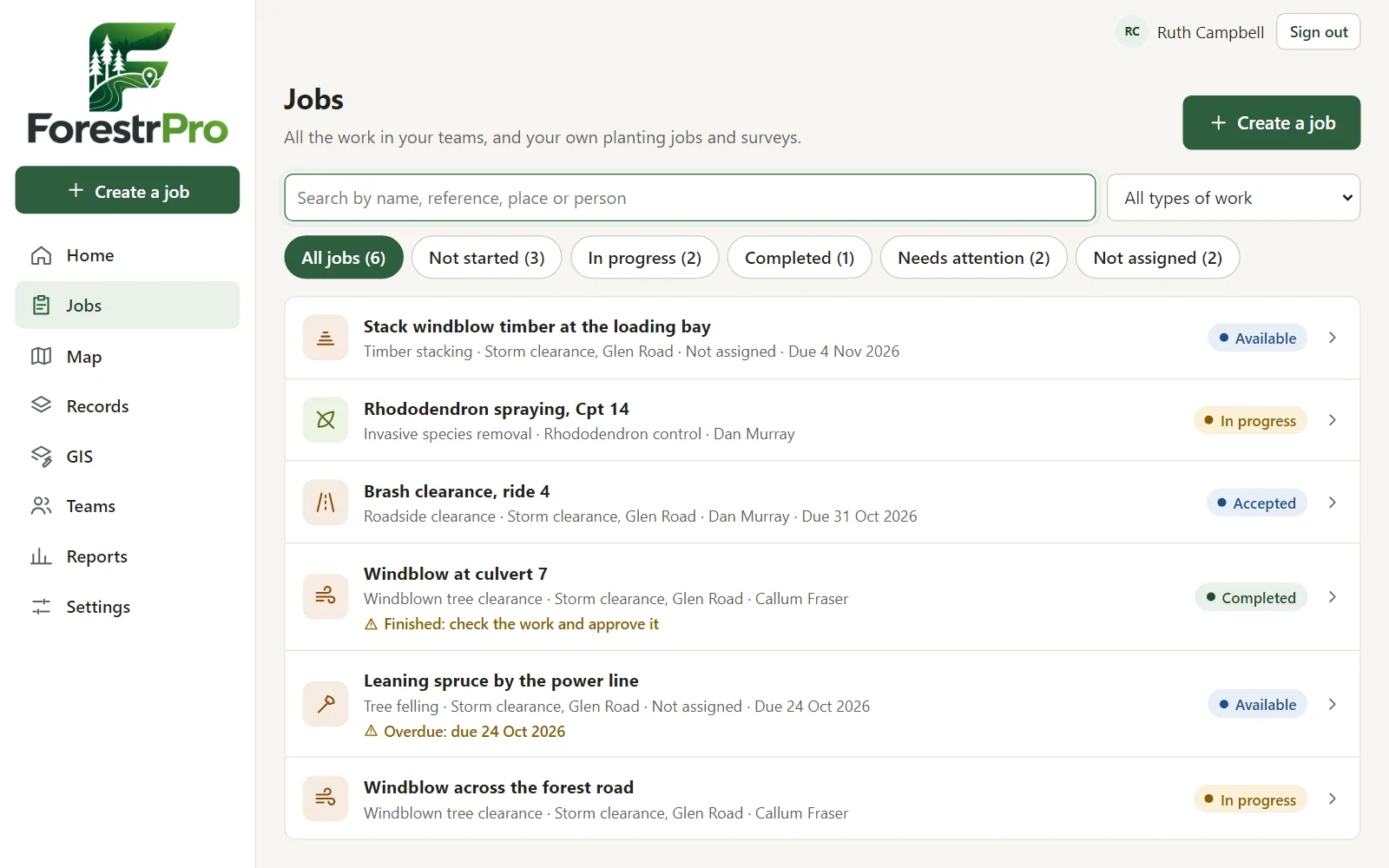 The web dashboard's Jobs list: windblow clearance, felling, stacking and other jobs with their place, people, dates and status in words.